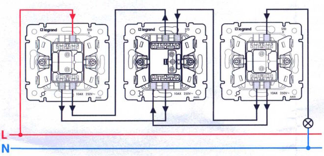 схема на свързване на три превключвателя