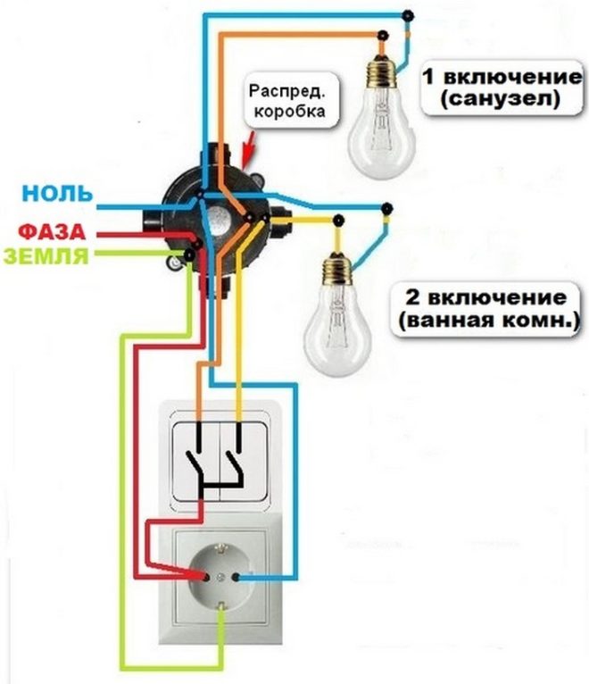 схема на окабеляване на устройството за превключвател-контакт за баня и тоалетна
