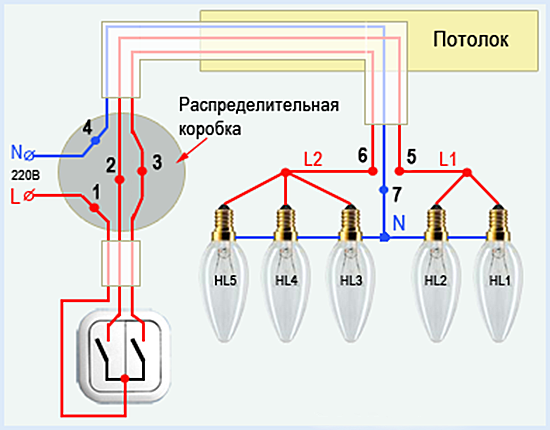 схема на свързване на полилей към превключвател с два бутона